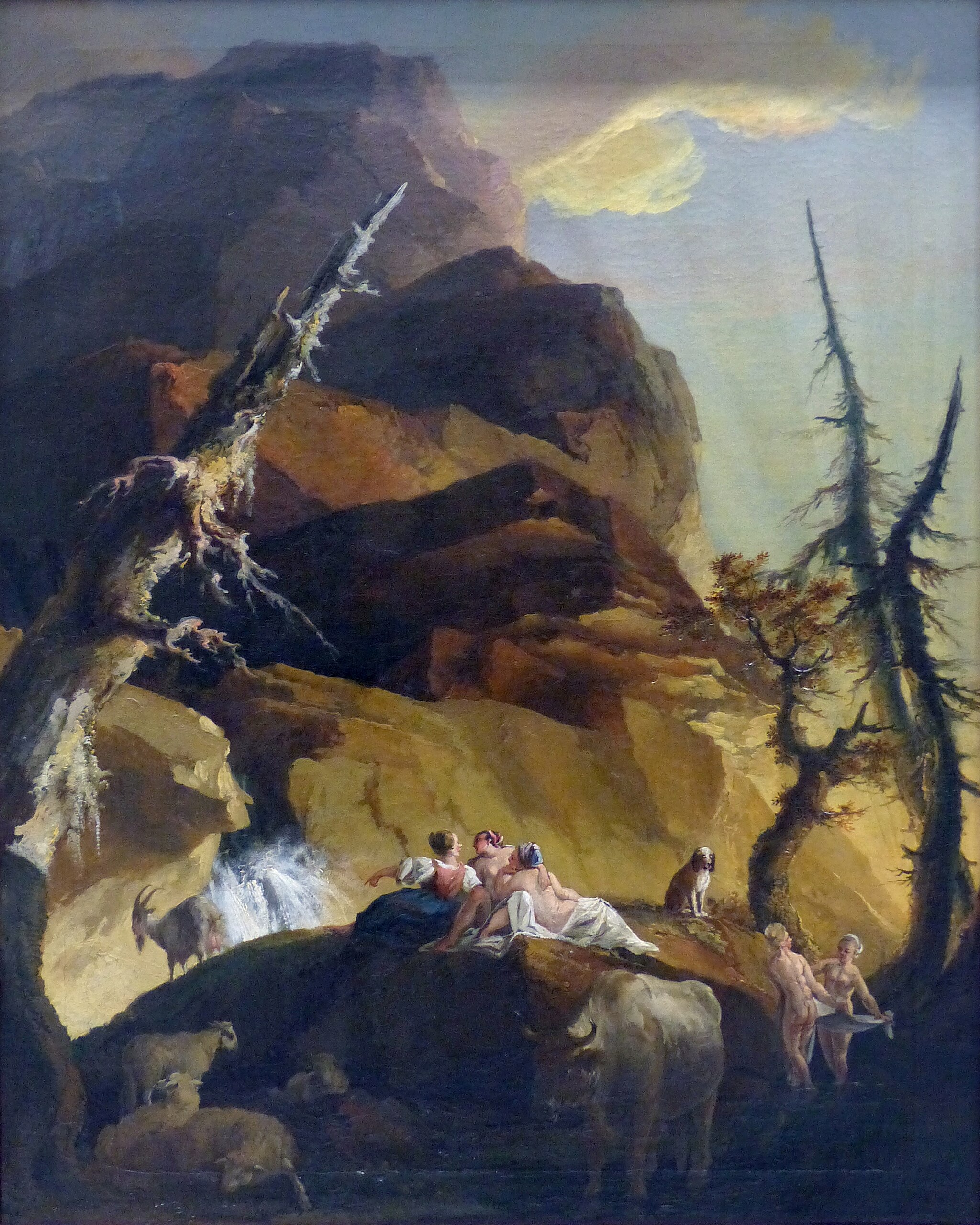 Bathers near a mountain waterfall